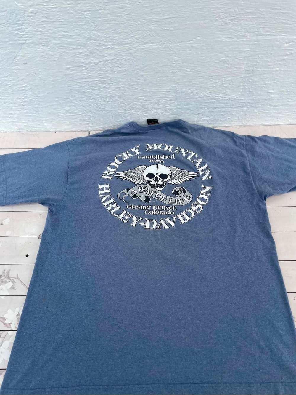 Harley-Davidson Blue Short Sleeve Tee with White Skull Emblem